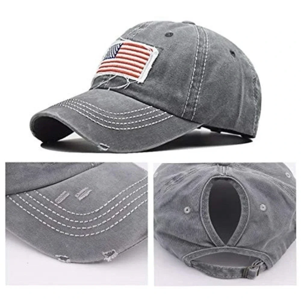 Distressed American Flag Ponytail Trucker Hat Grey White Mesh Adjustable Cap - Picture 5 of 6